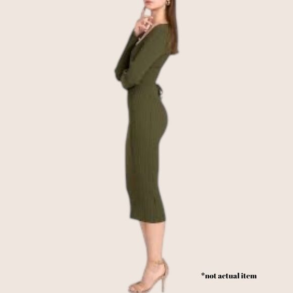 🫒 WAYF ALEXI LONG SLEEVE RIB DRESS LETTUCE EDGE OLIVE ARMY DARK GREEN MEDIUM - Picture 1 of 8